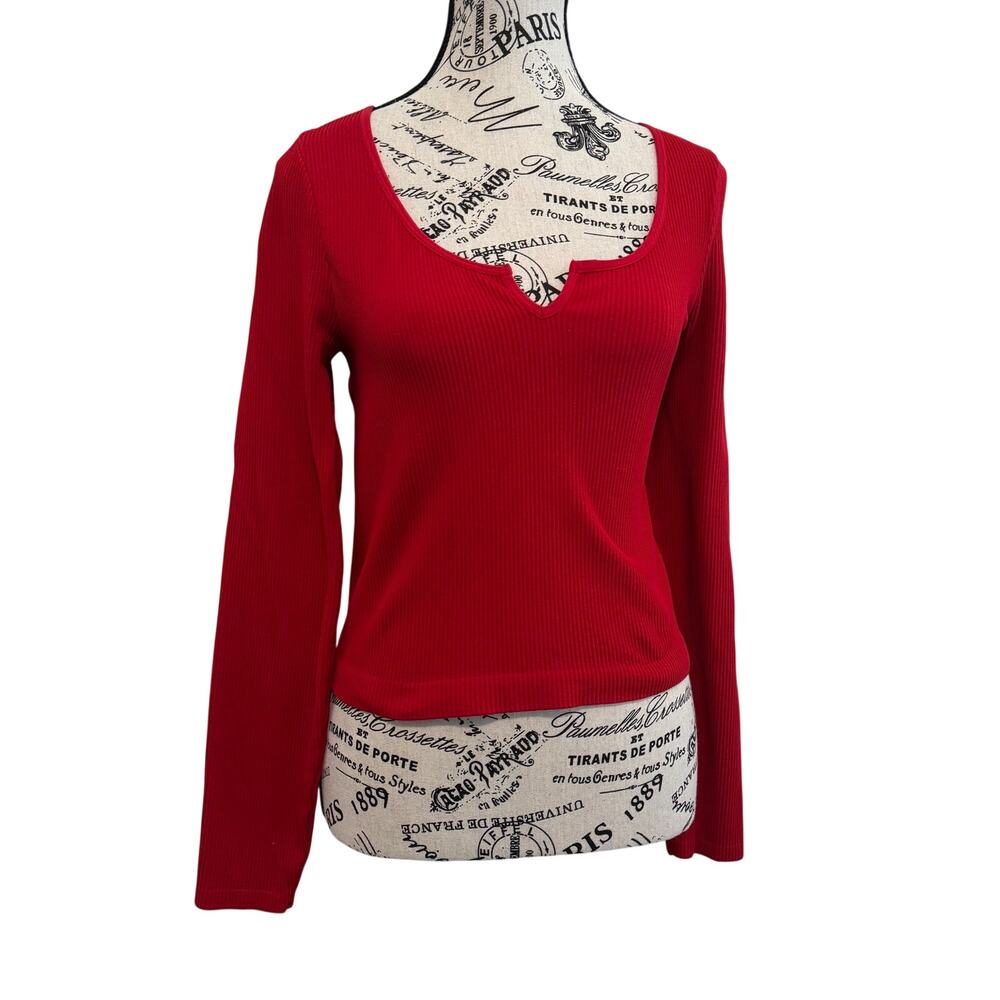 ANWND Women's Size Large Red Ribbed Knit Long Sleeve Notch Neck Top Seamless